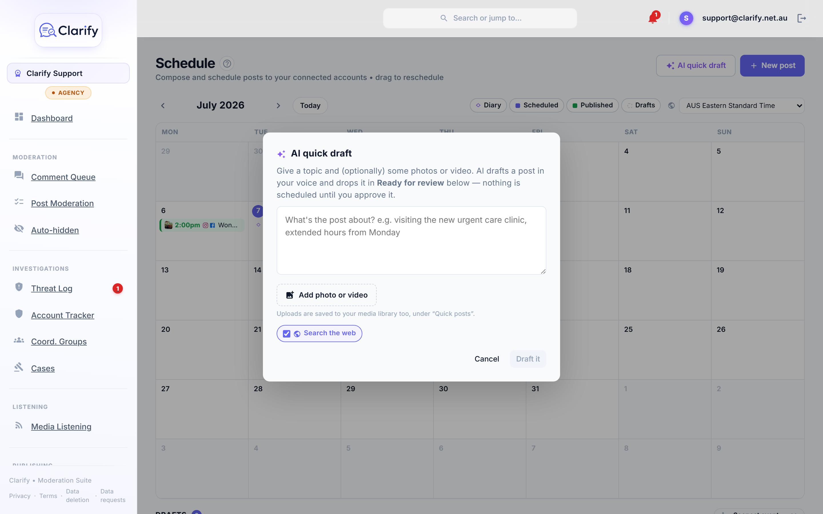 AI quick draft: type a topic and get a post in your voice