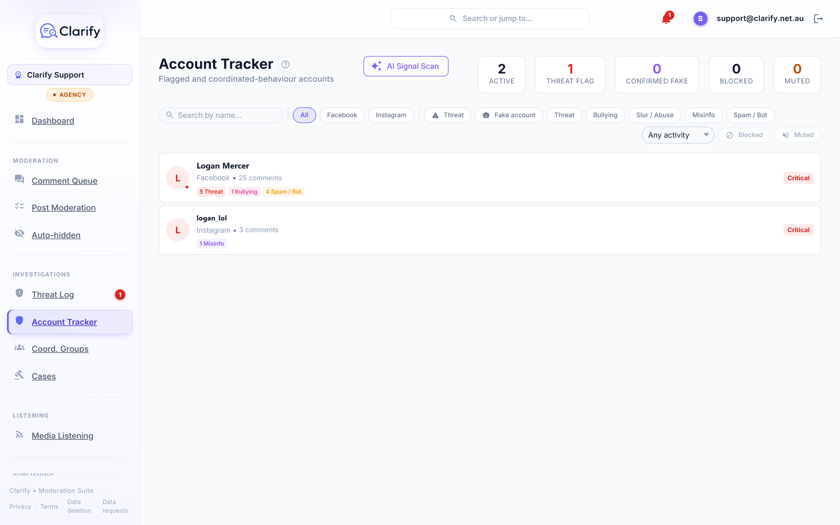 Tracked accounts with suspicion scores and history