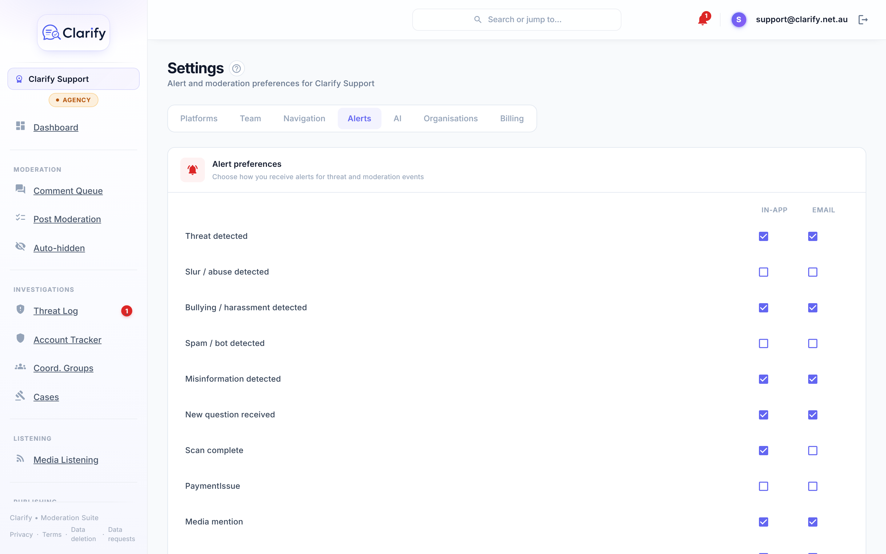 Alert preferences per event type, in the app and by email