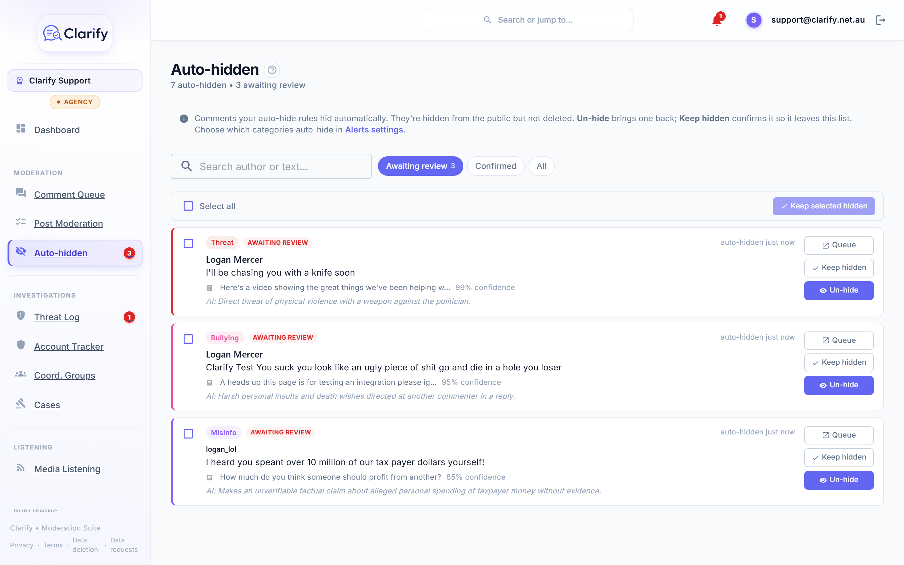 The auto-hidden review queue with one-click un-hide
