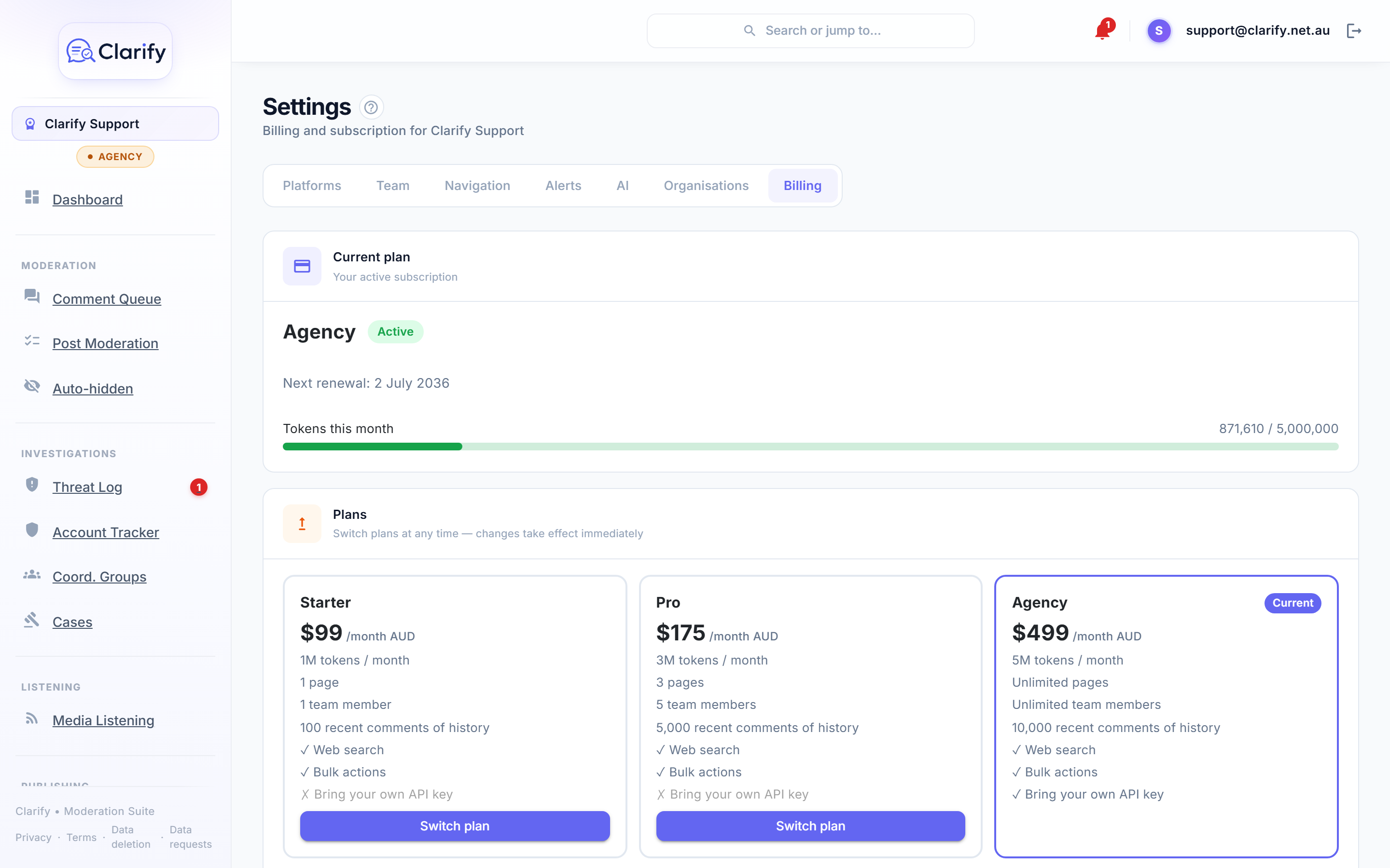 Your plan, token usage, and the Starter, Pro and Agency tiers