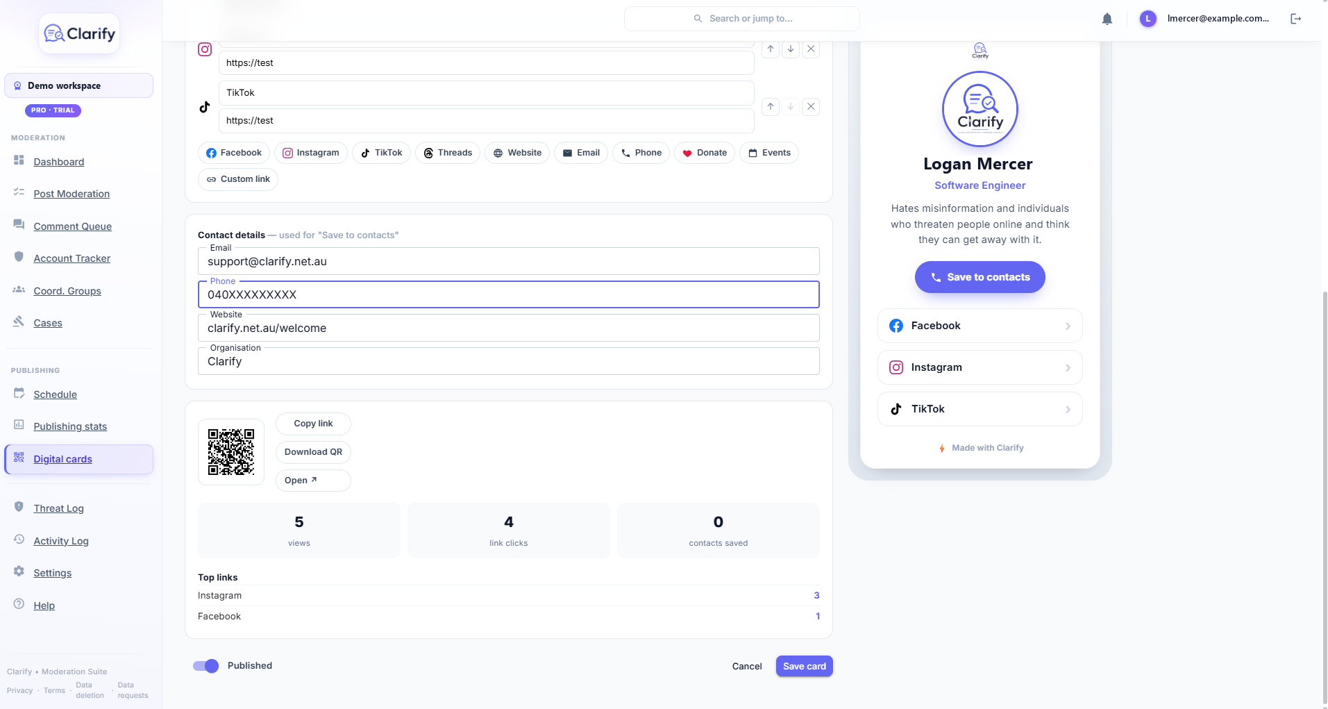 Per-card analytics: views, clicks and saves