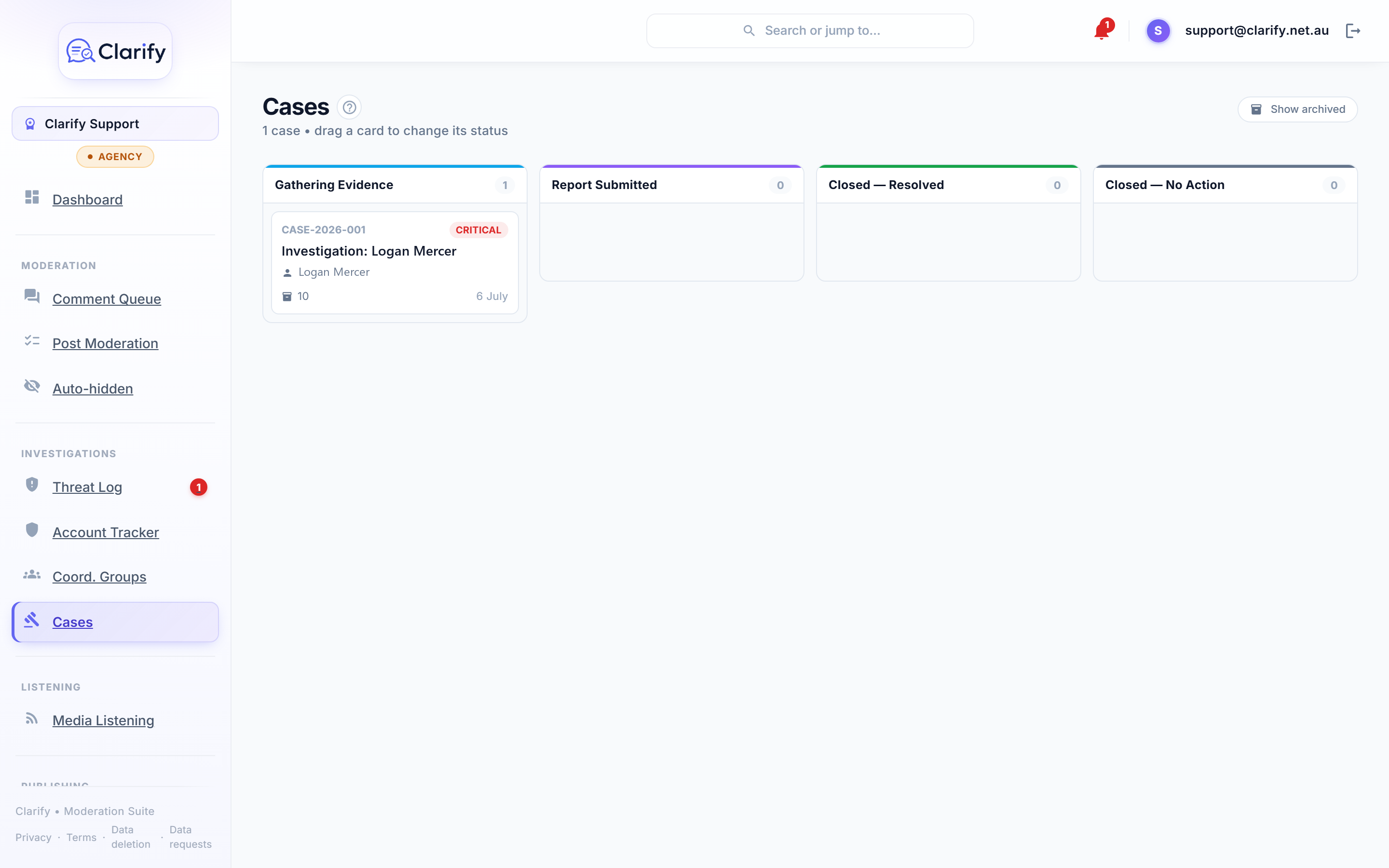 Case management with evidence and report export