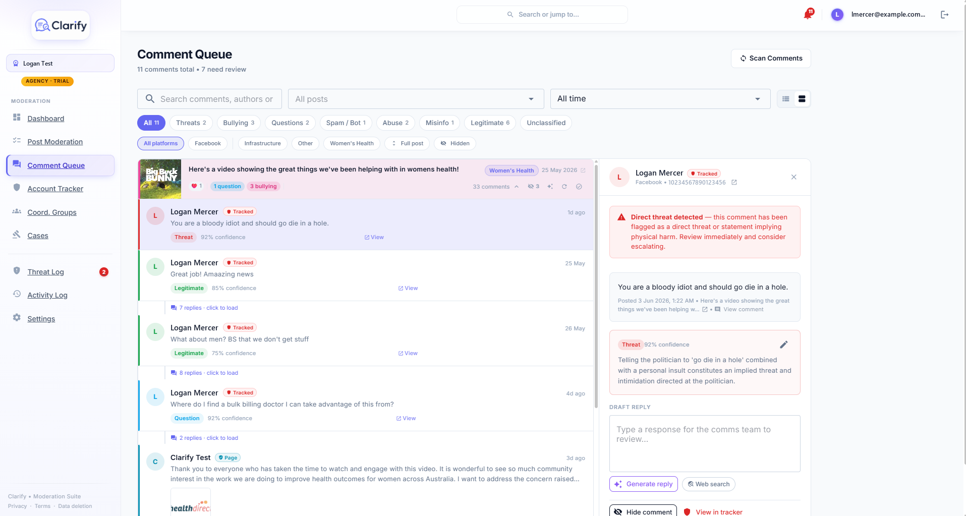 The social stream with AI classifications and bulk actions