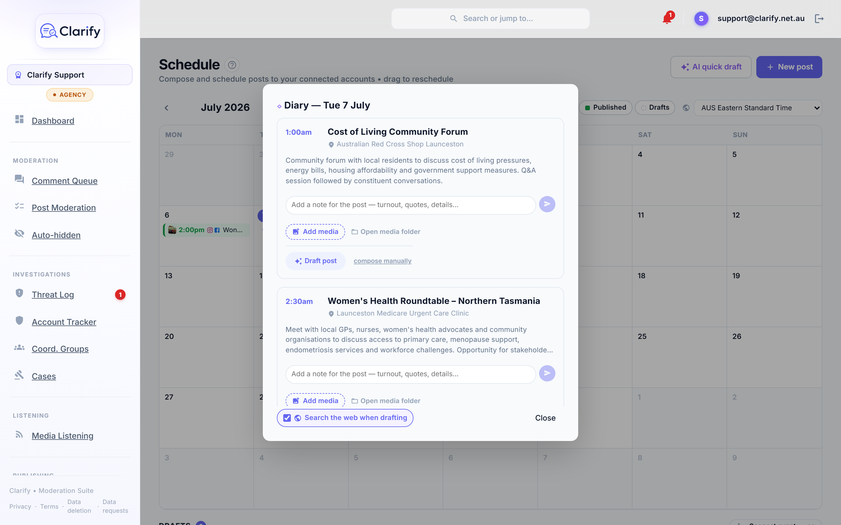 A diary event with notes, media and a one-click draft
