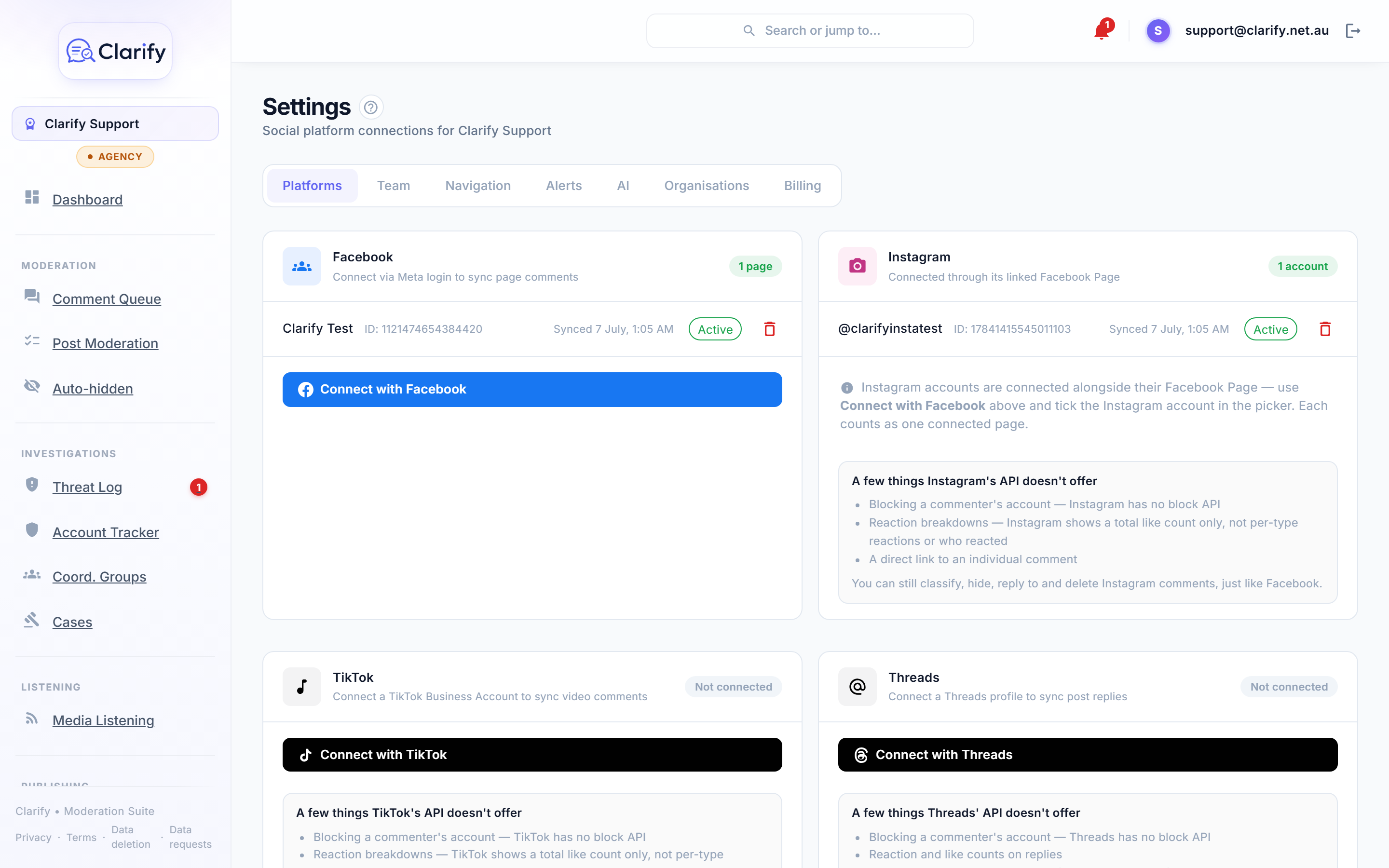 The platform connections page: connect Facebook, Instagram, TikTok and Threads