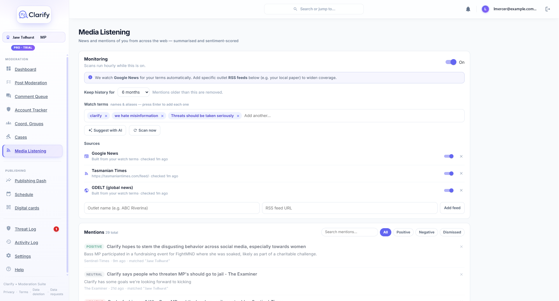 Media listening showing news mentions alongside the day's comment summary