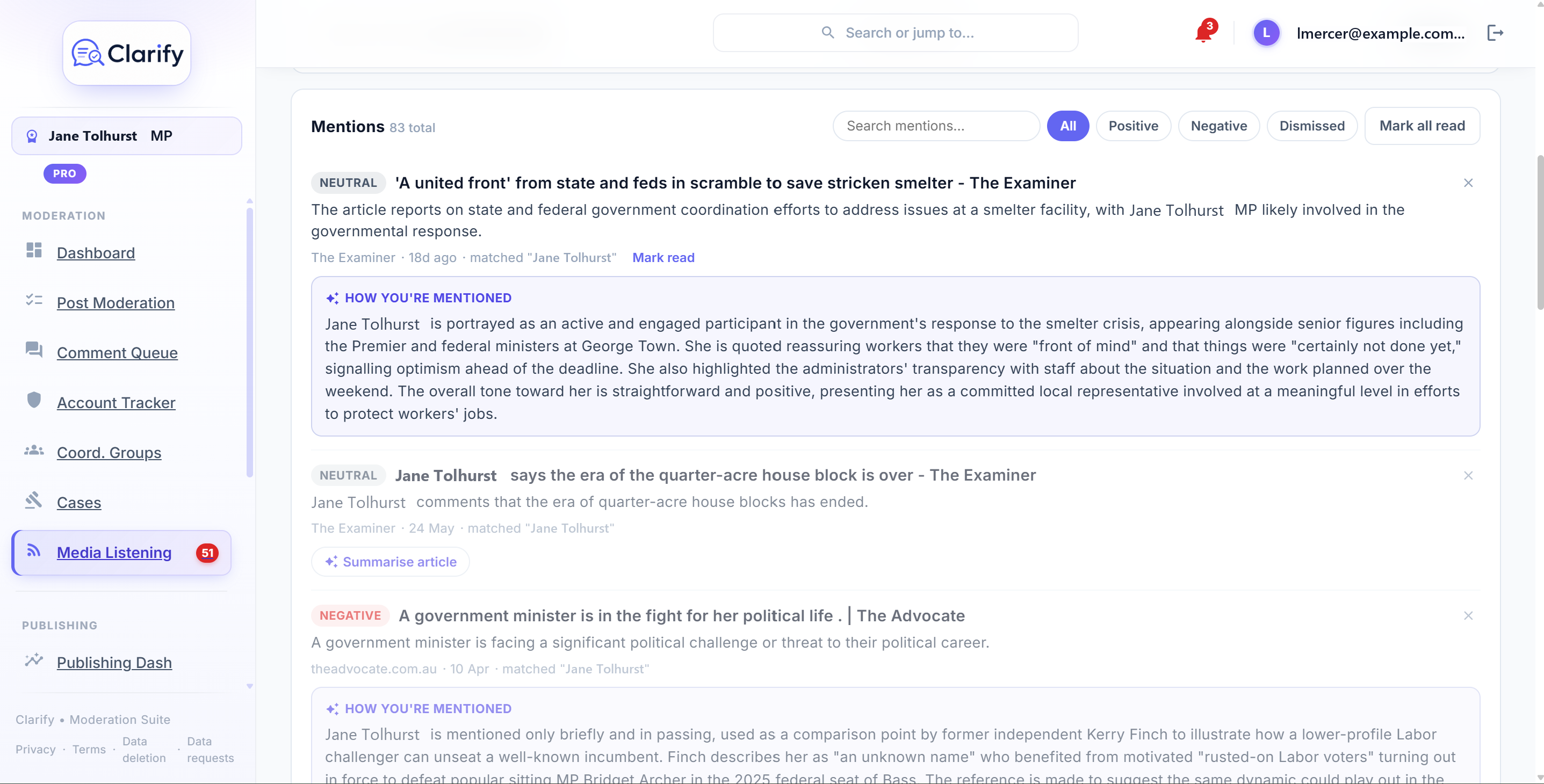 A media mention opened with a full-article AI read and sentiment