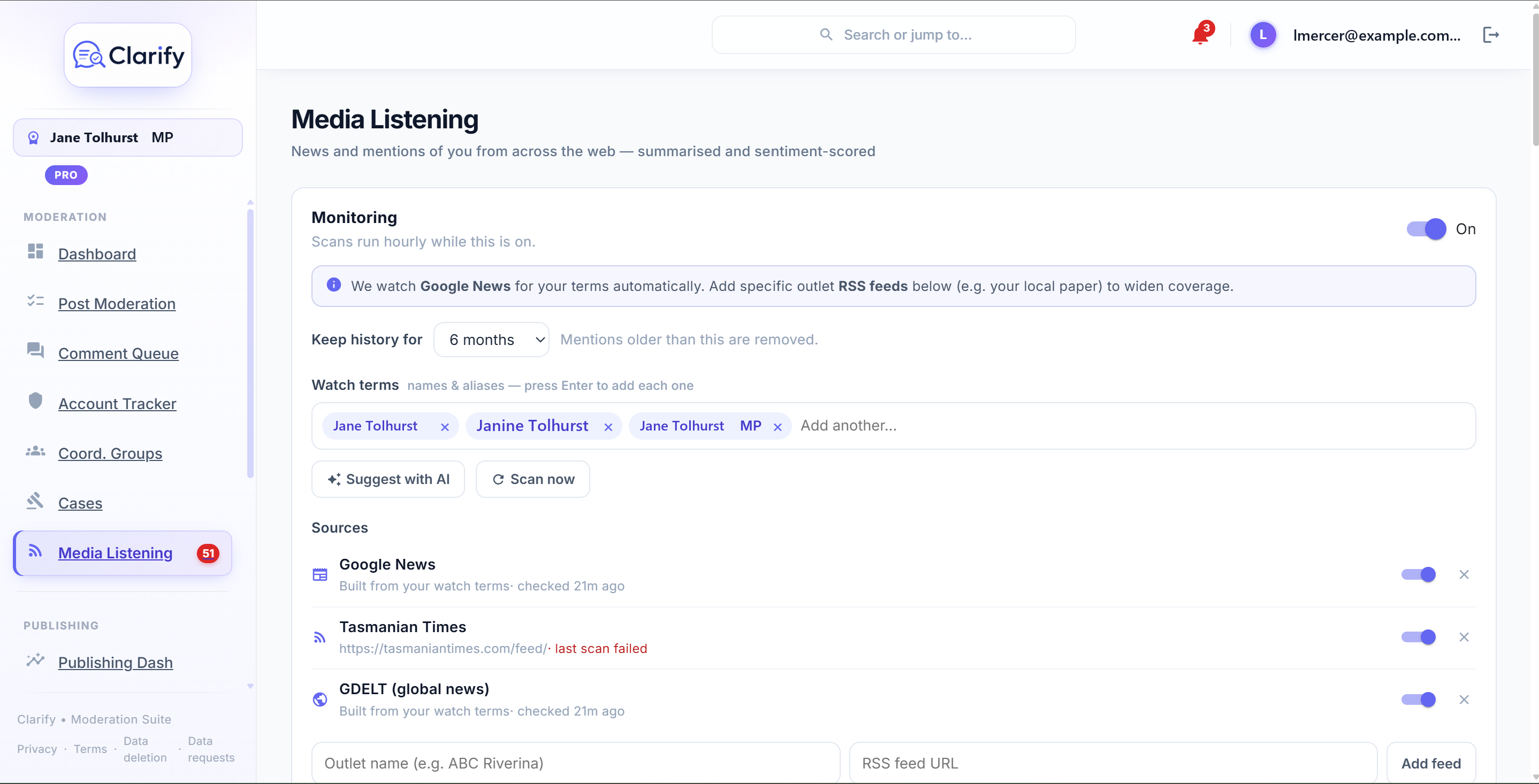Media monitoring: news mentions with AI summaries and sentiment