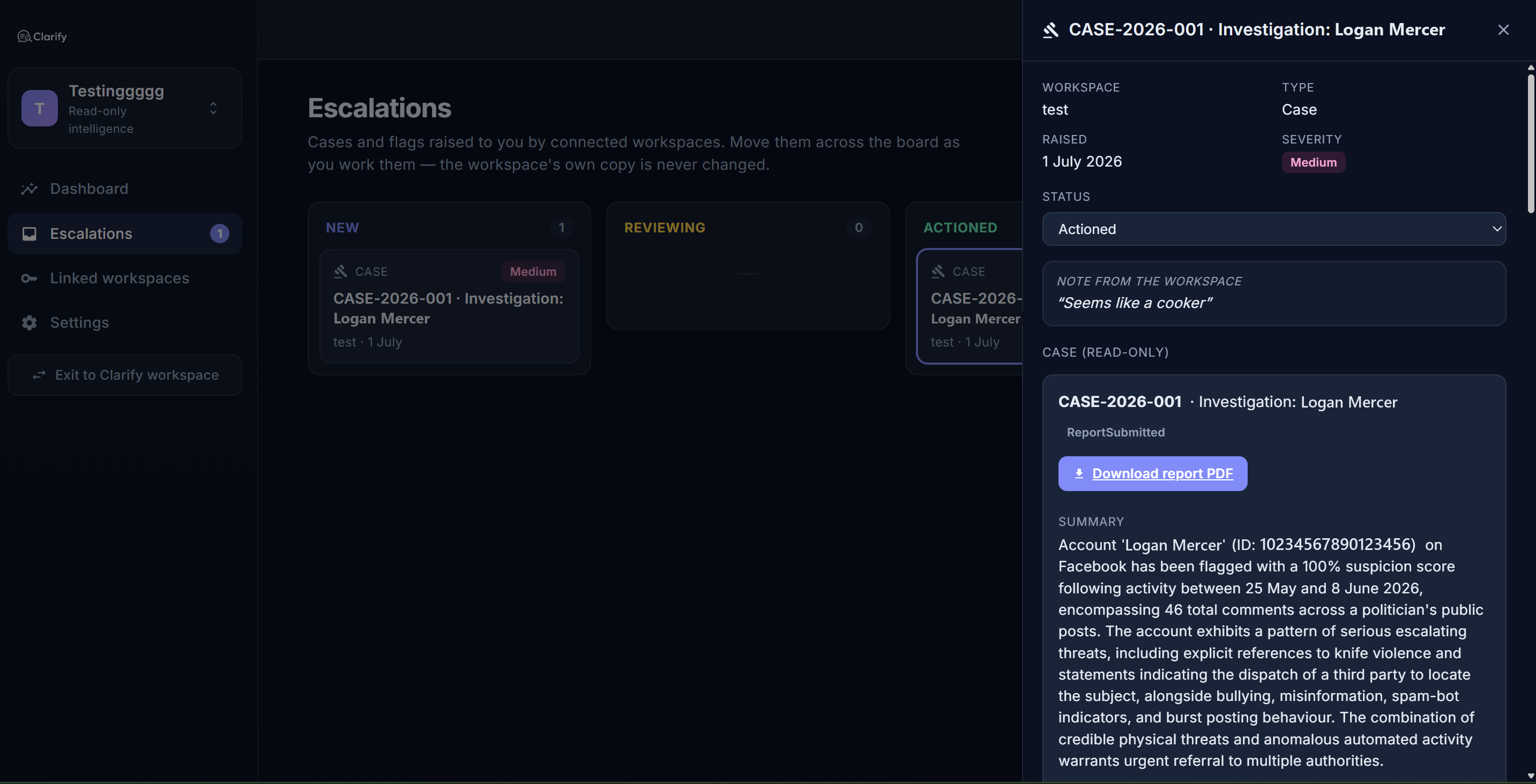 The escalations board with a case referred up from a member workspace