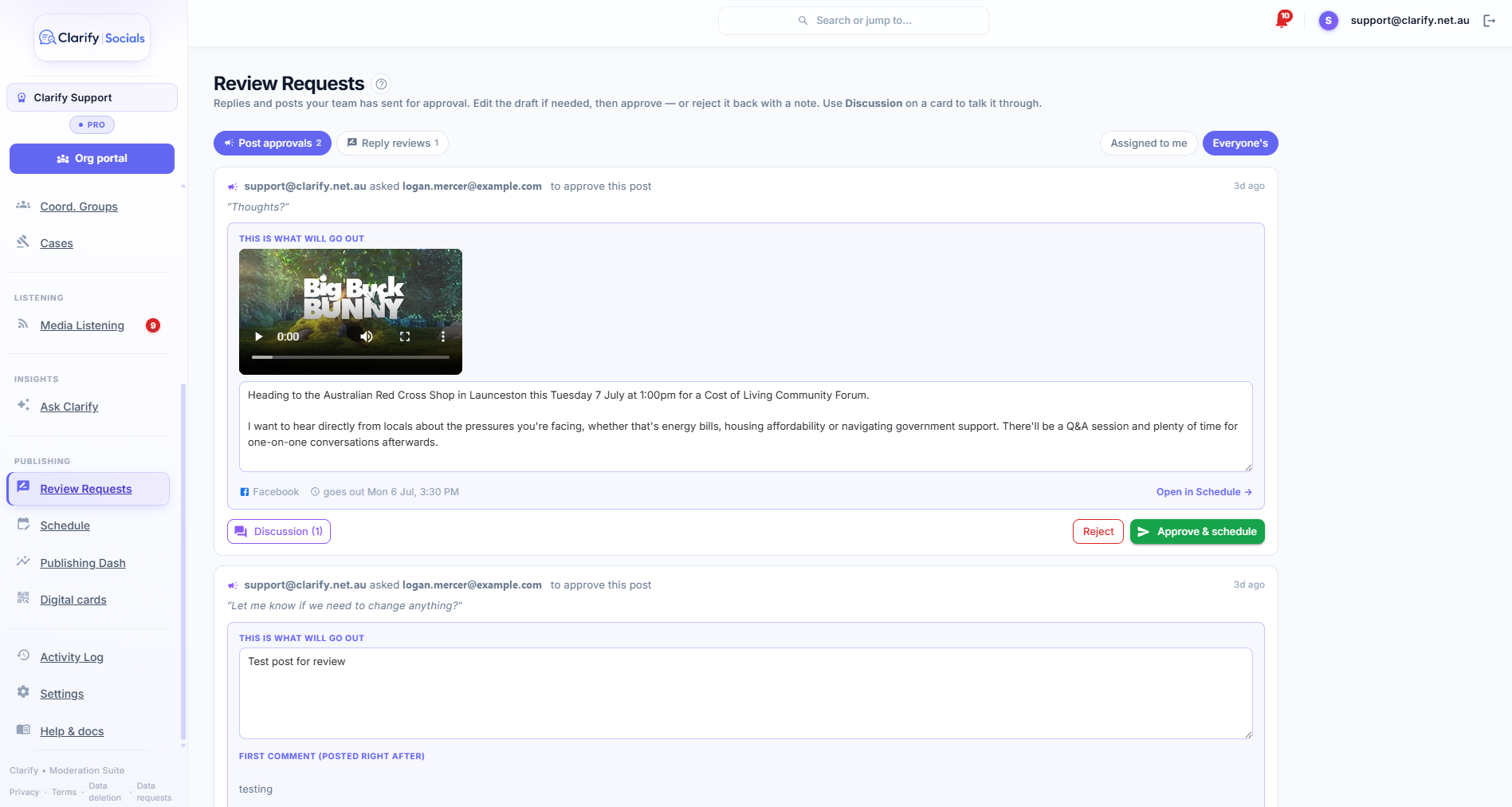 The review queue: a post approval with playable media, editable caption, discussion and one-click approve