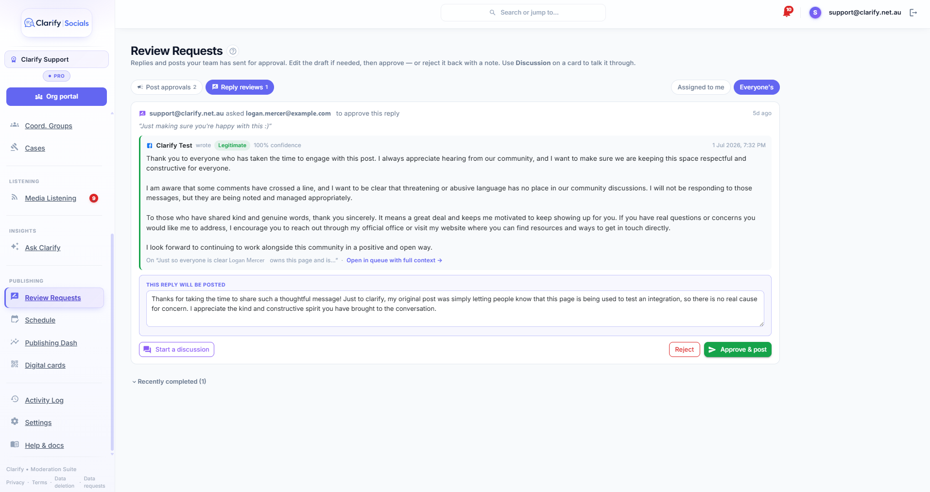 A reply under review: the original comment, the editable draft and the Approve and post button
