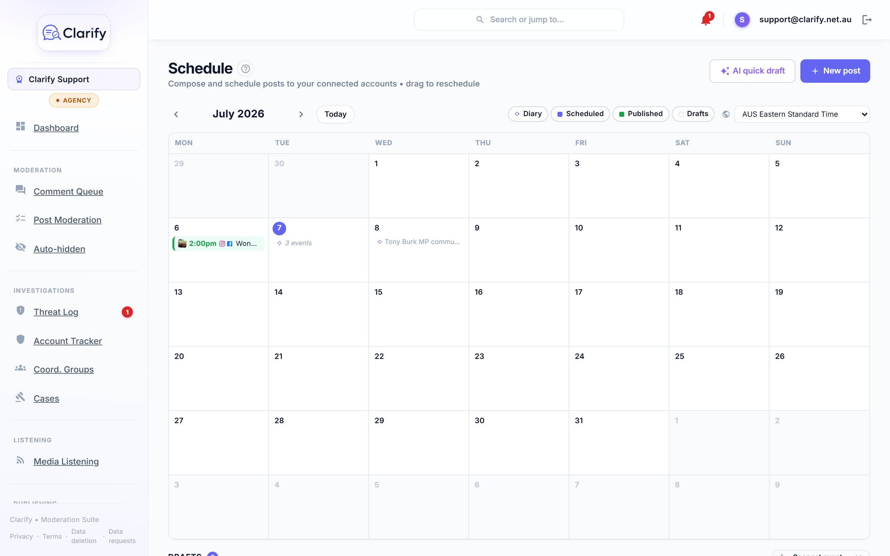 The scheduling calendar with the office diary alongside posts